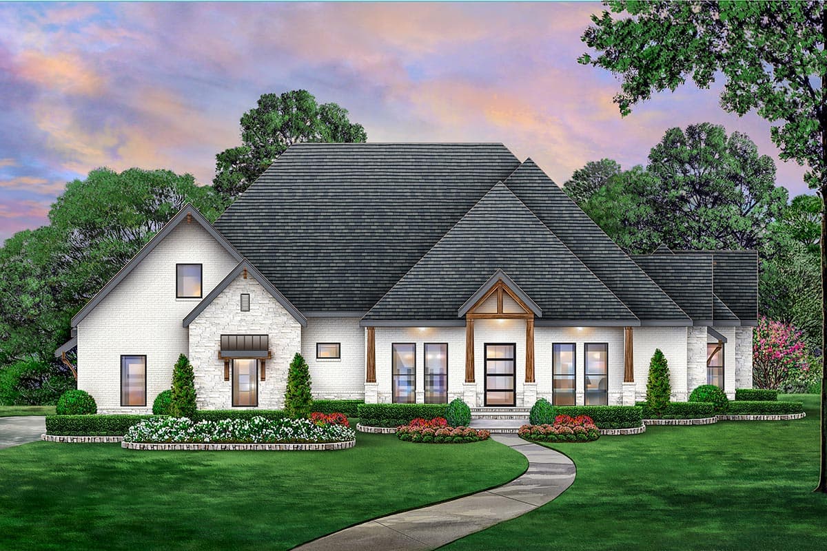 House plan exterior. Modern Farmhouse style with a single story, multiple gables, and a front porch with timber framing.