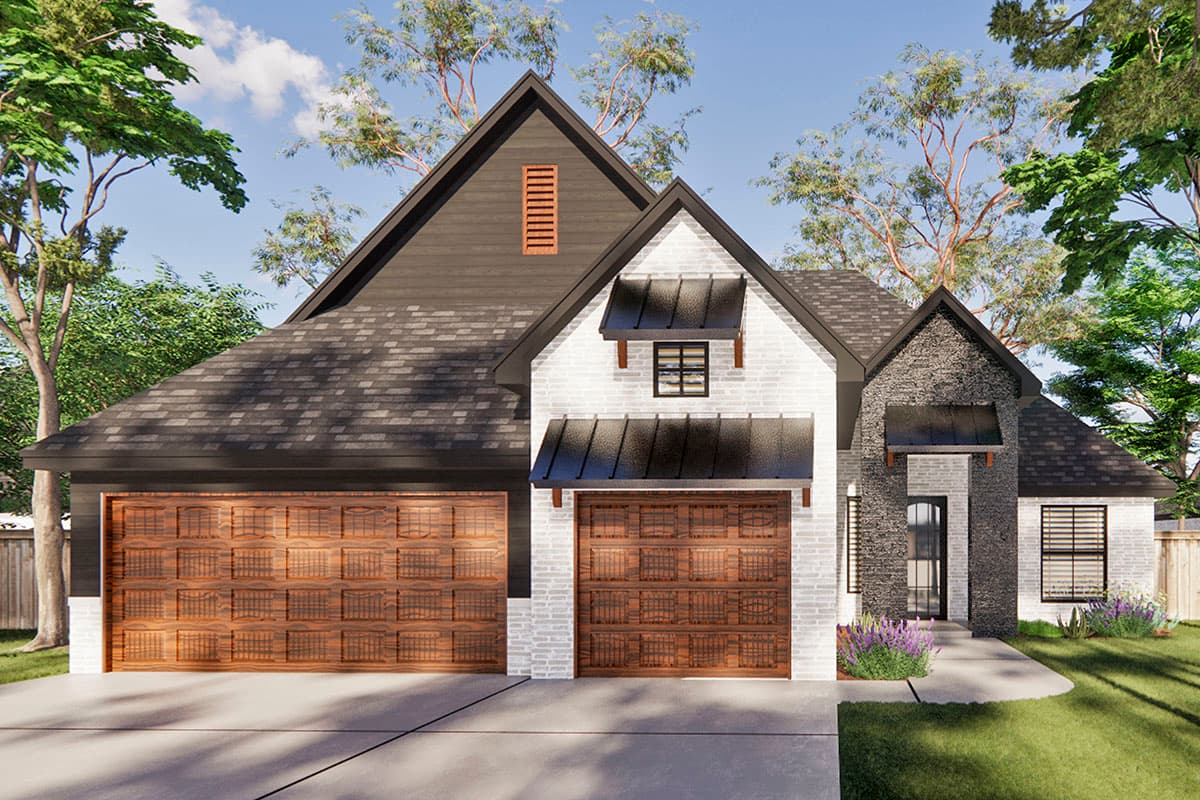 House plan exterior featuring a two-story Modern Farmhouse design. Key features include a gabled roof, brick facade, and two-car garage.