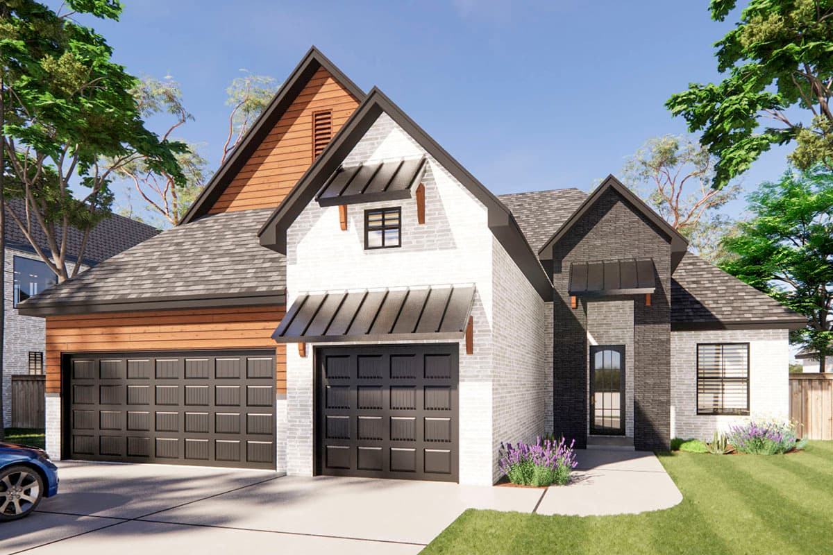 House plan exterior: Two-story Modern Farmhouse with triple garage, brick and wood siding, gable rooflines, and metal awnings.