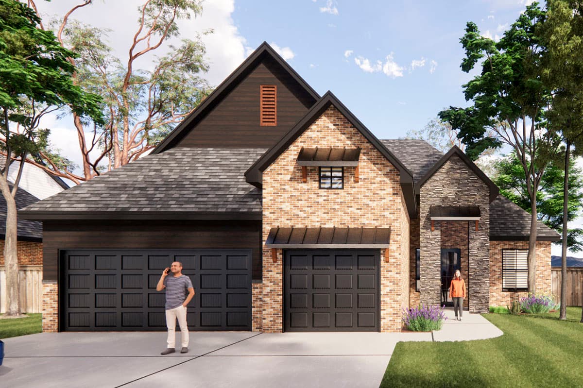 House plan exterior: Modern Farmhouse style, two stories, featuring a three-car garage, brick and stone facade, and prominent gables.