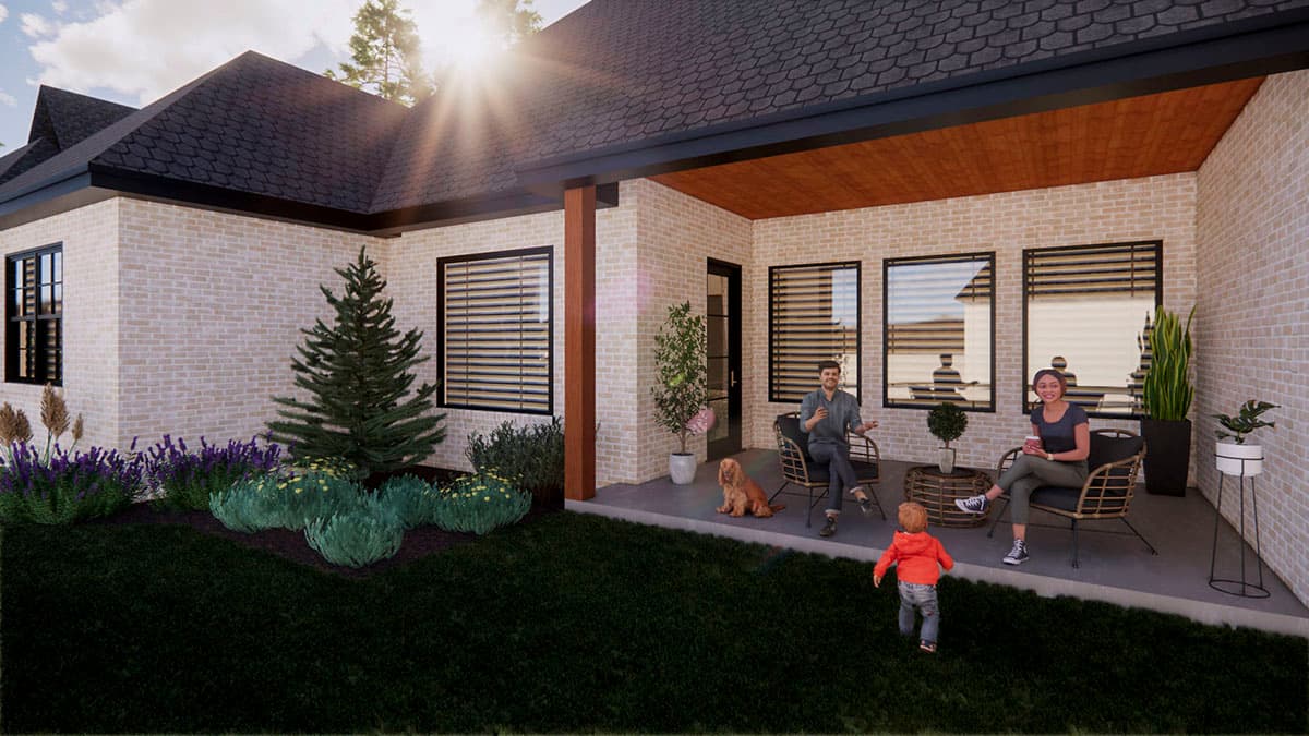Exterior view of a house plan featuring a covered porch with wood-paneled ceiling, brick exterior, and large windows.