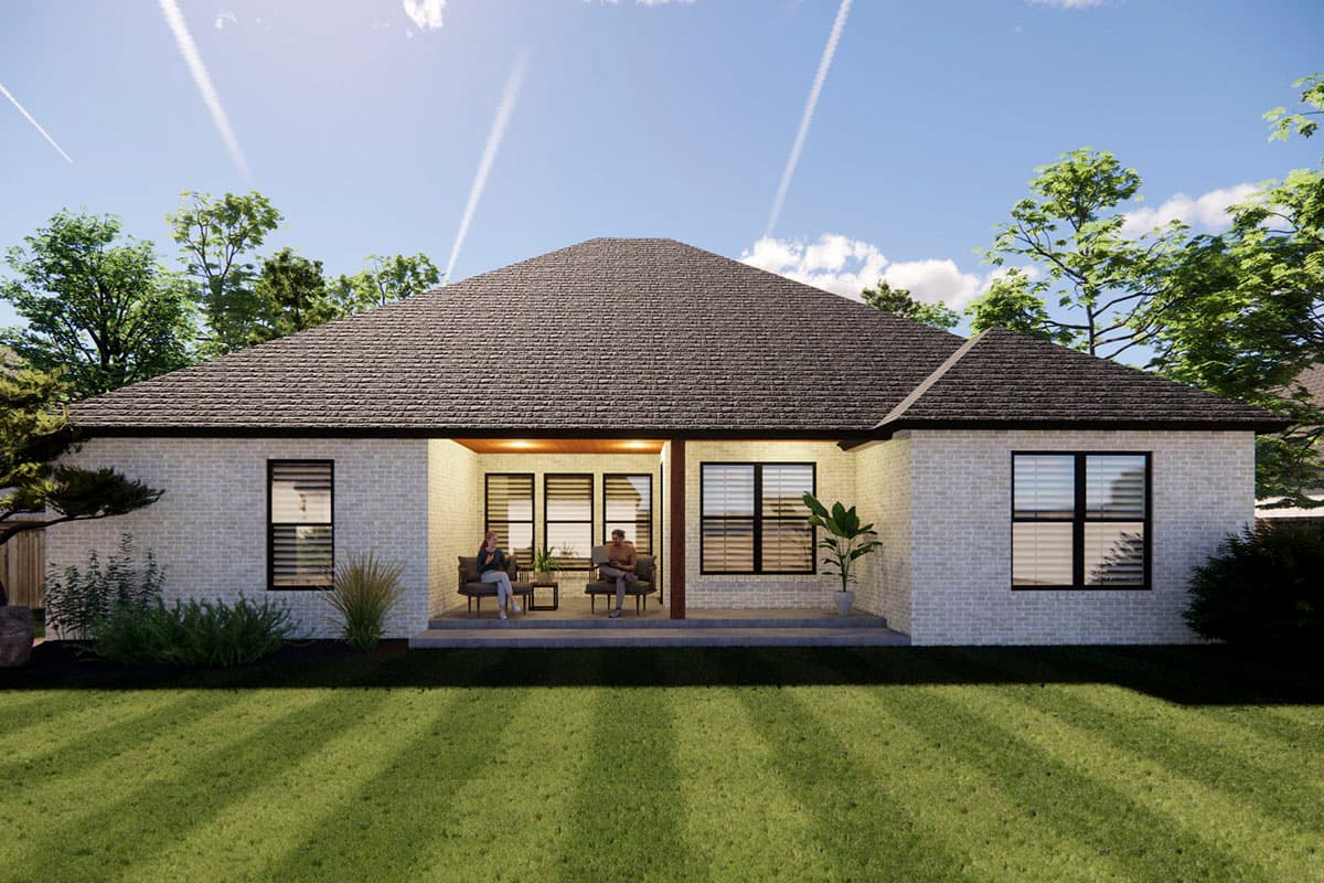 House plan exterior of one-story Modern Farmhouse with white brick, covered porch, and dark shingled roof.