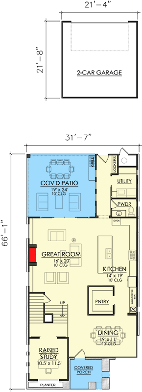 Plan 421504CHD: Transitional Tudor House Plan Under 2900 Square Feet and Under 32-Feet Wide - Floor Plan - Main Level - Cottage, European, Southern, Transitional, Tudor