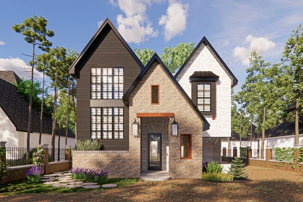 House plan exterior. Two-story, Modern Farmhouse style with multiple gables, brick facade, and dark framed windows.