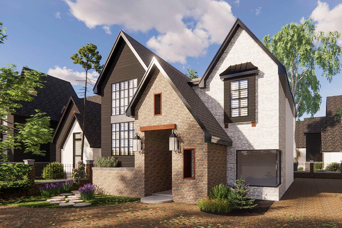 House plan exterior shows a two-story Modern home with gables, prominent rooflines, and mixed brick and siding.
