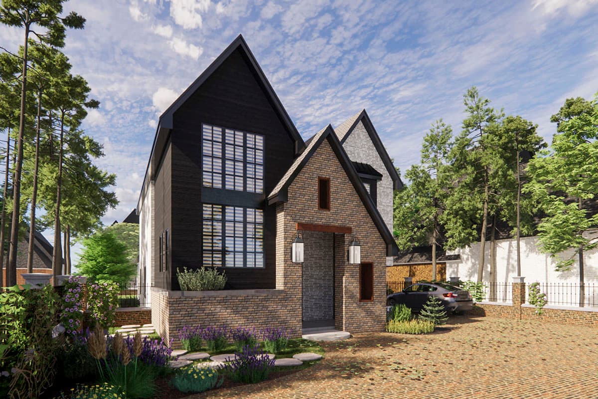 House plan exterior: Modern home with brick base, black wood siding, gabled roof, and large-pane windows.