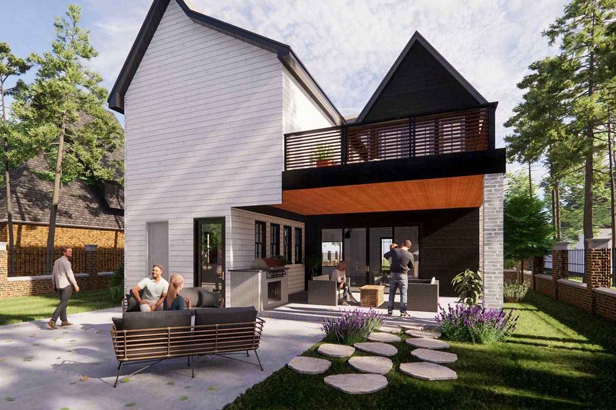 Modern house plan exterior with white horizontal siding, black gables, upper balcony, and outdoor kitchen.