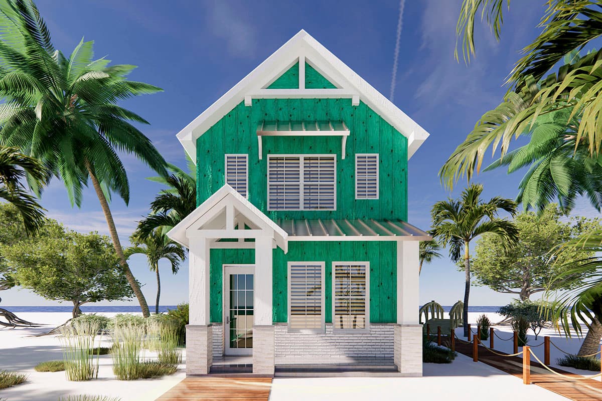 Modern Farmhouse house plan exterior with green vertical siding, white gables, and metal roof awnings.