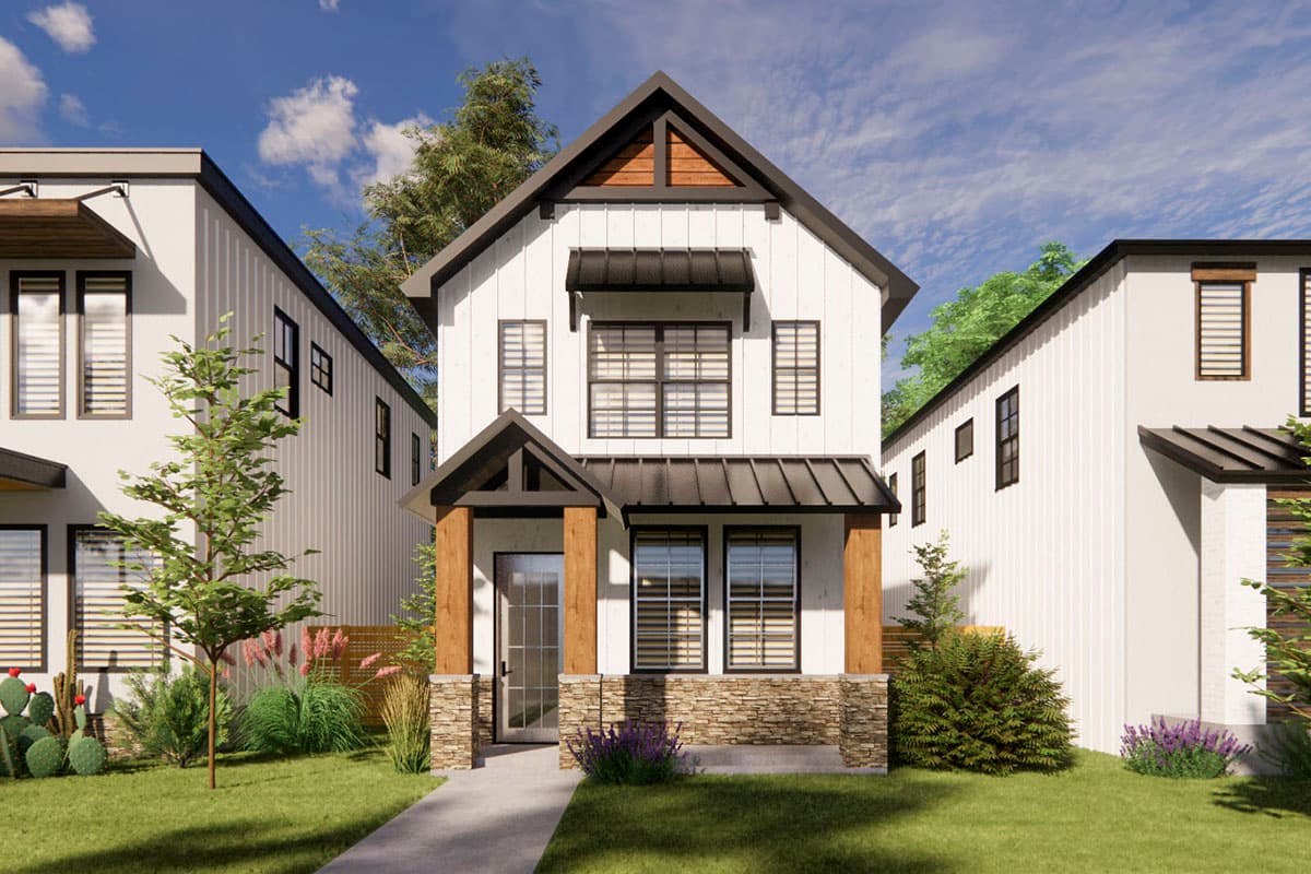 House plan exterior. Two-story Modern Farmhouse with gabled roof, covered entry porch, and black metal awning over windows.