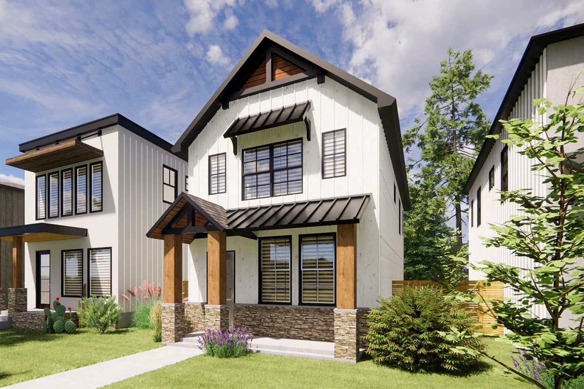 Modern Farmhouse house plan exterior with two stories, prominent gables, wood columns, and metal awnings.