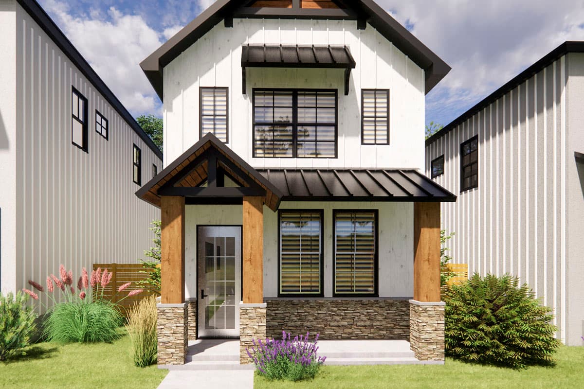 Modern Farmhouse house plan exterior with gabled roof, wood posts, stone base, and vertical siding.