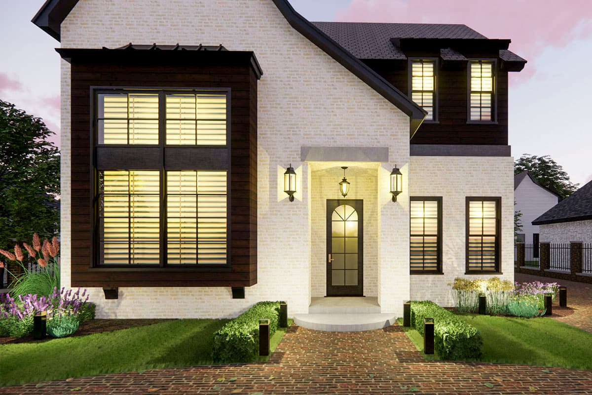 House plan exterior: Two-story brick home with dark wood accents, prominent bay window, arched entry door, and multiple dormers.