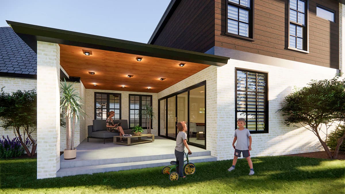 House plan exterior: Modern style two-story with brick base, wood siding, large windows, and covered patio with wood ceiling.