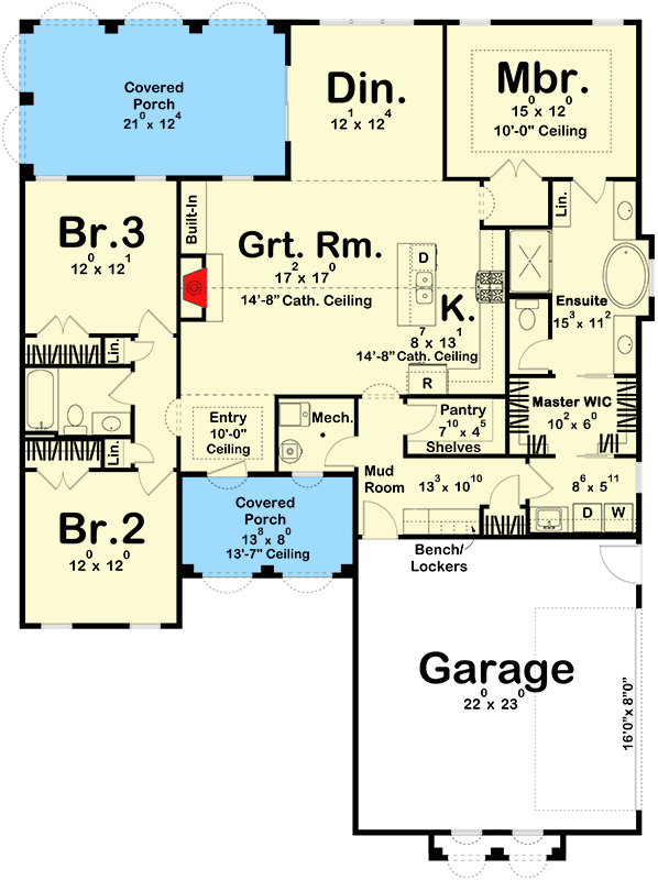 Plan 623197DJ: One-Story Mediterranean-Style House Plan Under 1800 Square Feet with 3 Bedrooms - Floor Plan - Main Level - European, Mediterranean, Ranch, Southern, Tuscan
