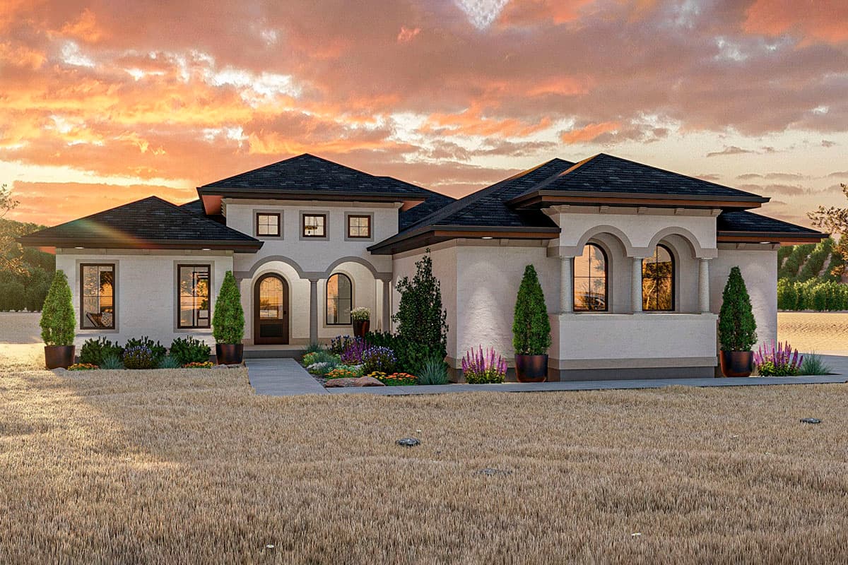 House plan exterior. One-story Mediterranean style with arched entryway, flat roof, and multiple gables. Features include columns and large windows.