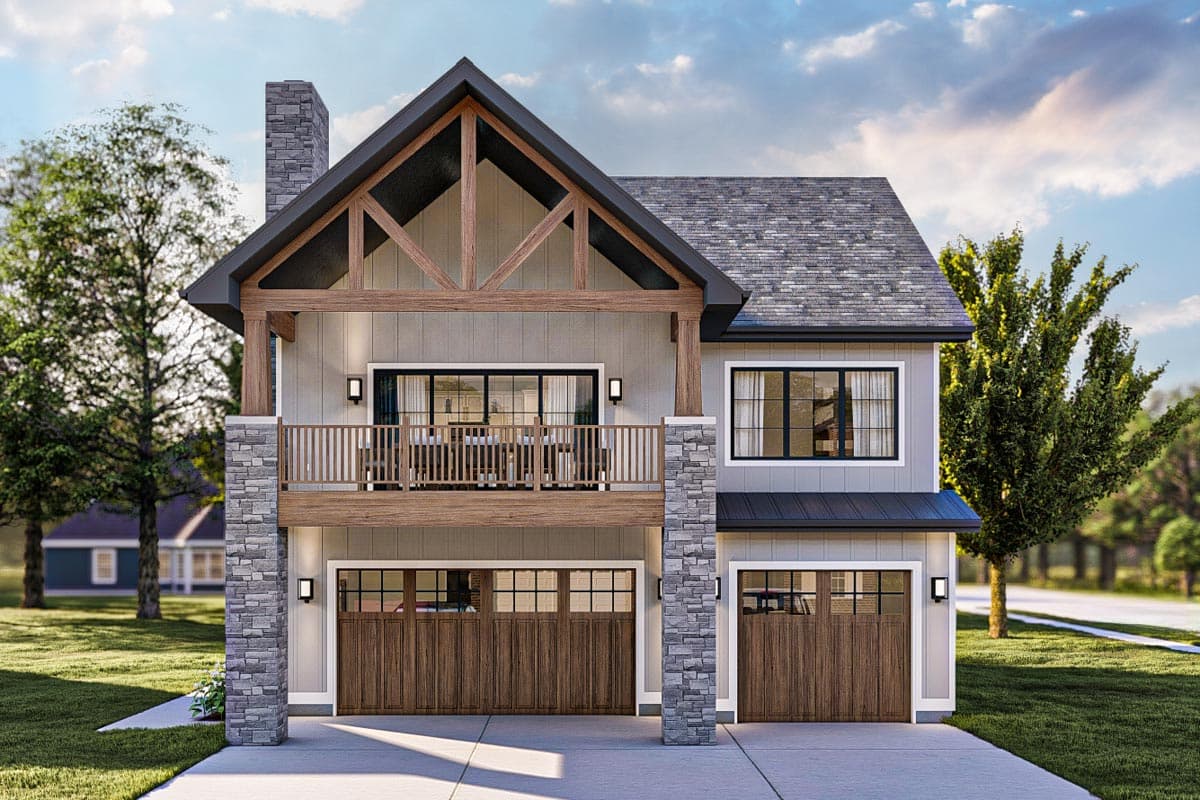 House plan exterior with Craftsman style, two stories, balcony with timber frame, gabled roof, and stone-clad columns.