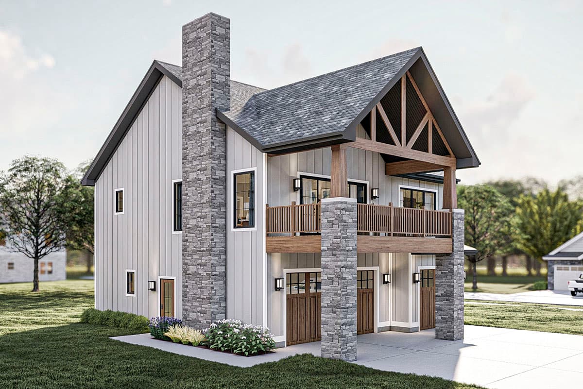 Modern Farmhouse house plan exterior with stone chimney, upper balcony, exposed wood beams, and a three-car garage.