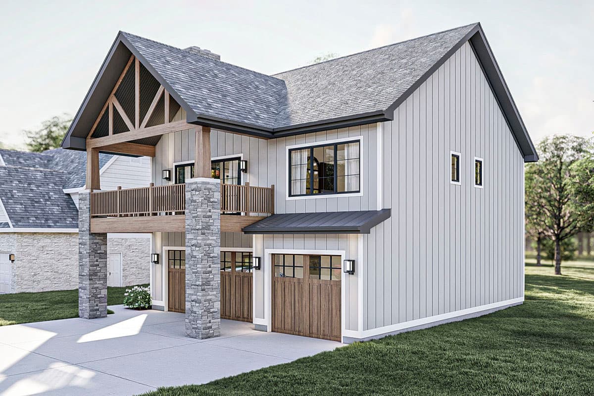 Modern Farmhouse style house plan exterior with stone pillars, a second-story balcony, and a three-car garage.