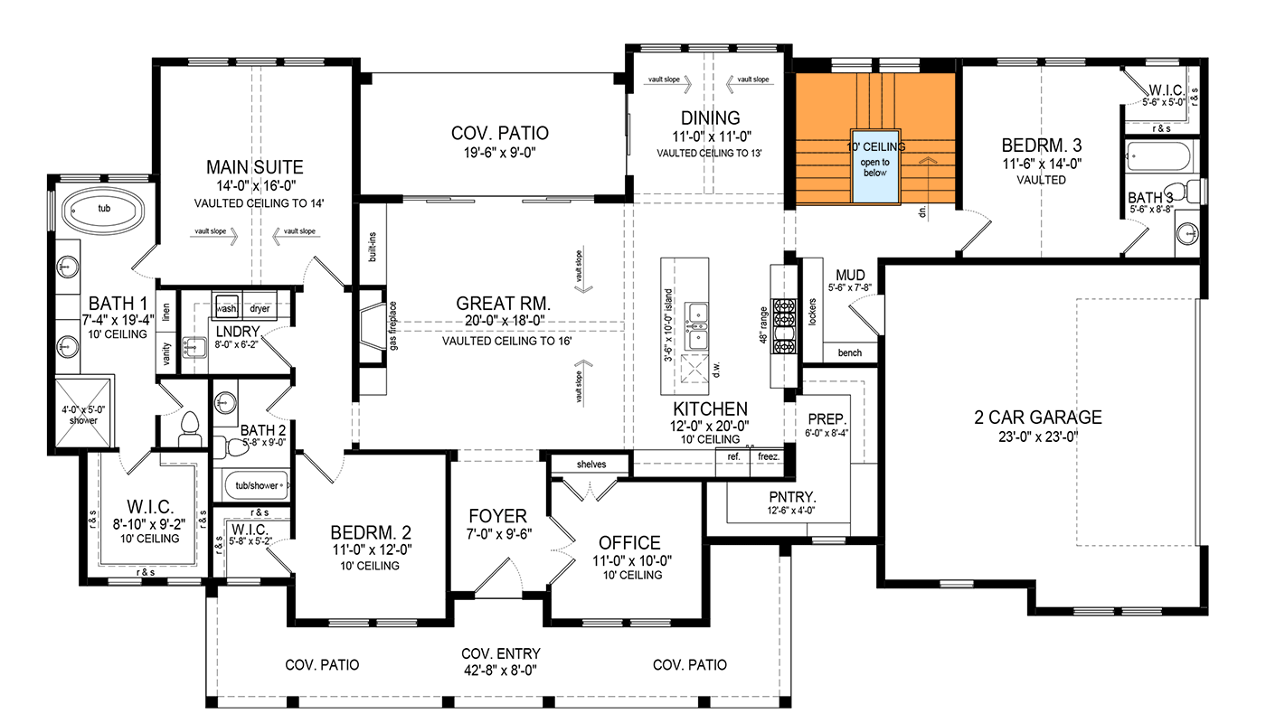 Plan 493000GNT: 3-Bed Farmhouse Plan Under 2500 Square Feet with Vaulted Interior - 2441 Sq Ft - Floor Plan - Main Level - Basement Stairs Location - Country, Farmhouse, Modern Farmhouse, Traditional