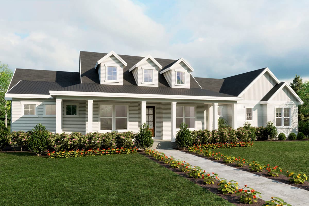 House plan exterior, one-story Modern Farmhouse with a covered front porch, three dormers, and horizontal siding.