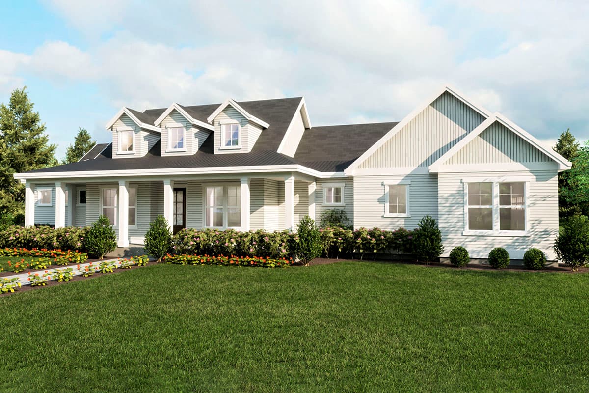 House plan exterior: Single-story Modern Farmhouse with covered front porch, three dormers, and board and batten gables.