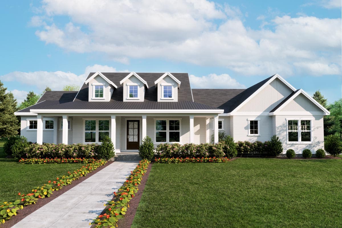 House plan exterior with Craftsman style. Features include a front porch, three dormers, and a gable roof with dark shingles and white siding.