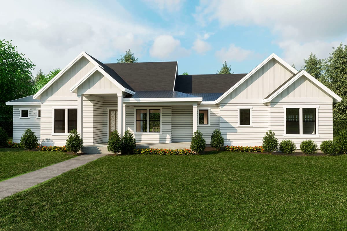 House plan exterior featuring a single-story design, gabled roof, and a covered porch. White siding and dark window frames enhance the facade.
