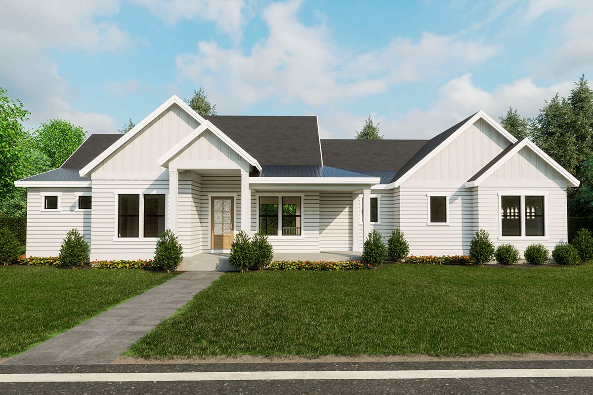 Modern Ranch house plan exterior with prominent gables, a covered entry, and horizontal siding.
