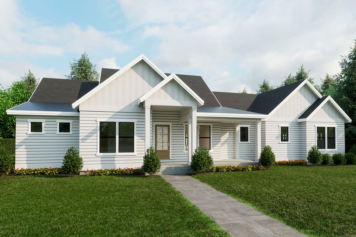 Modern Farmhouse style house plan exterior, one story, with a covered front porch, multiple gables, and horizontal siding.