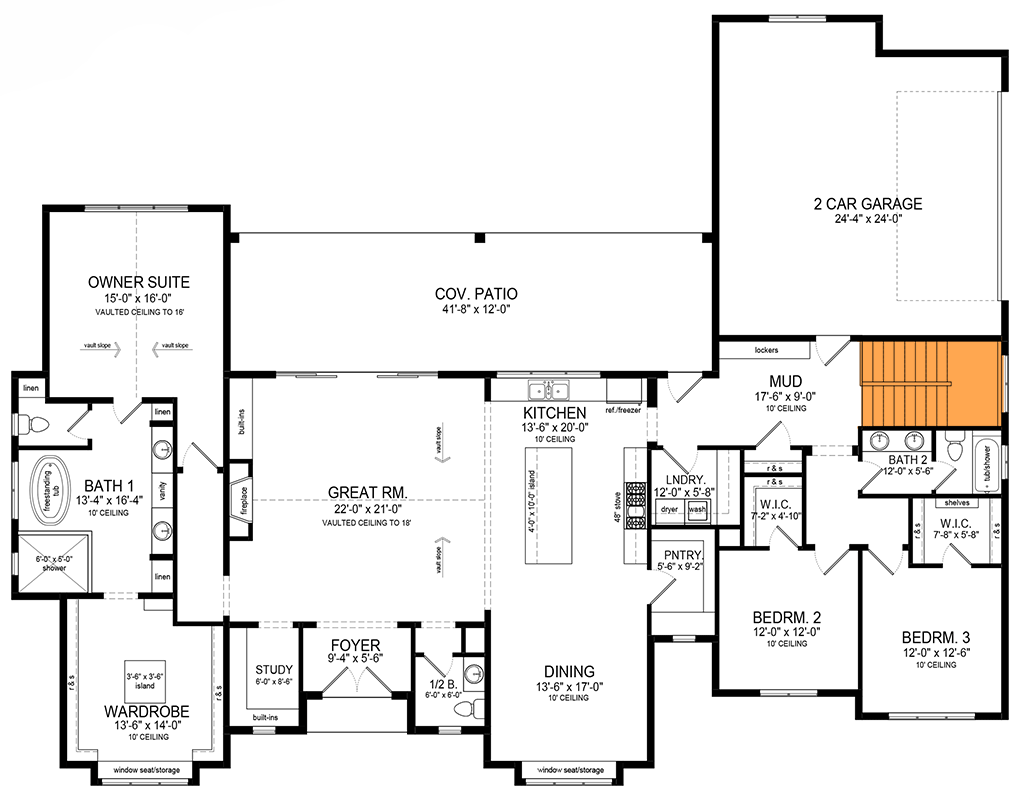 Plan 493004GNT: 3-Bed New American House Plan Under 2900 Square Feet with 2-Car Garage - Floor Plan - Main Level - Basement Stairs - Acadian, Contemporary, New American, Ranch