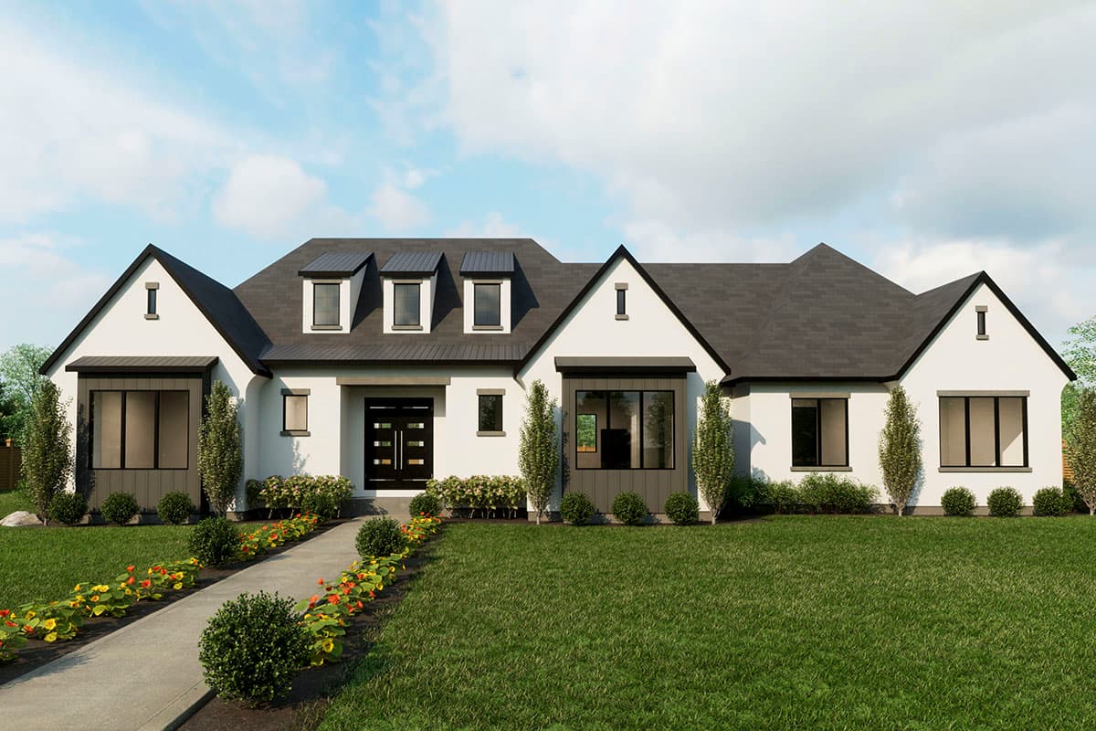 House plan exterior. Modern farmhouse style with dormers, multiple gables, and dark roof. Features include large windows and covered entry.