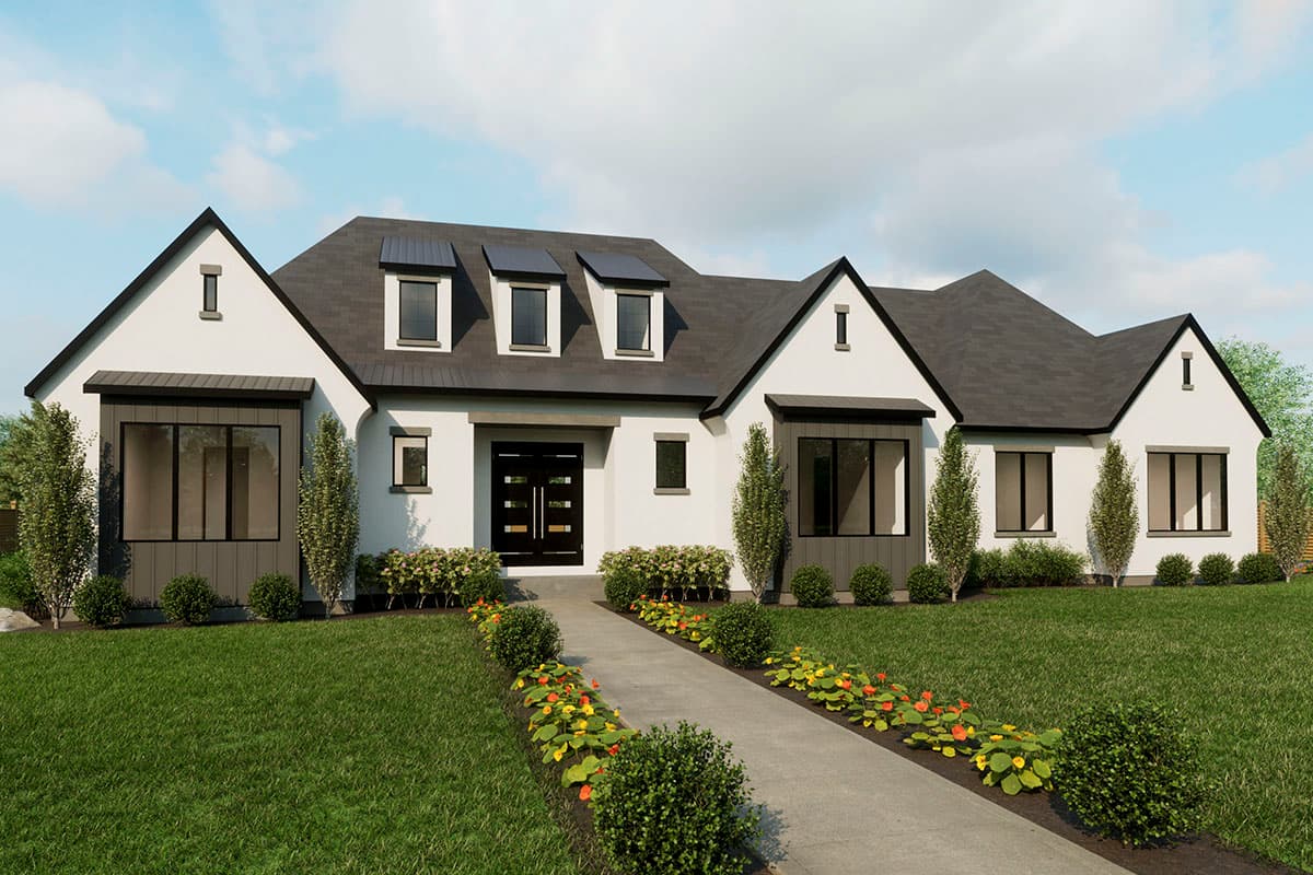House plan exterior: Modern Farmhouse style, white stucco, prominent gables, dormer windows, dark metal roof, and large windows.