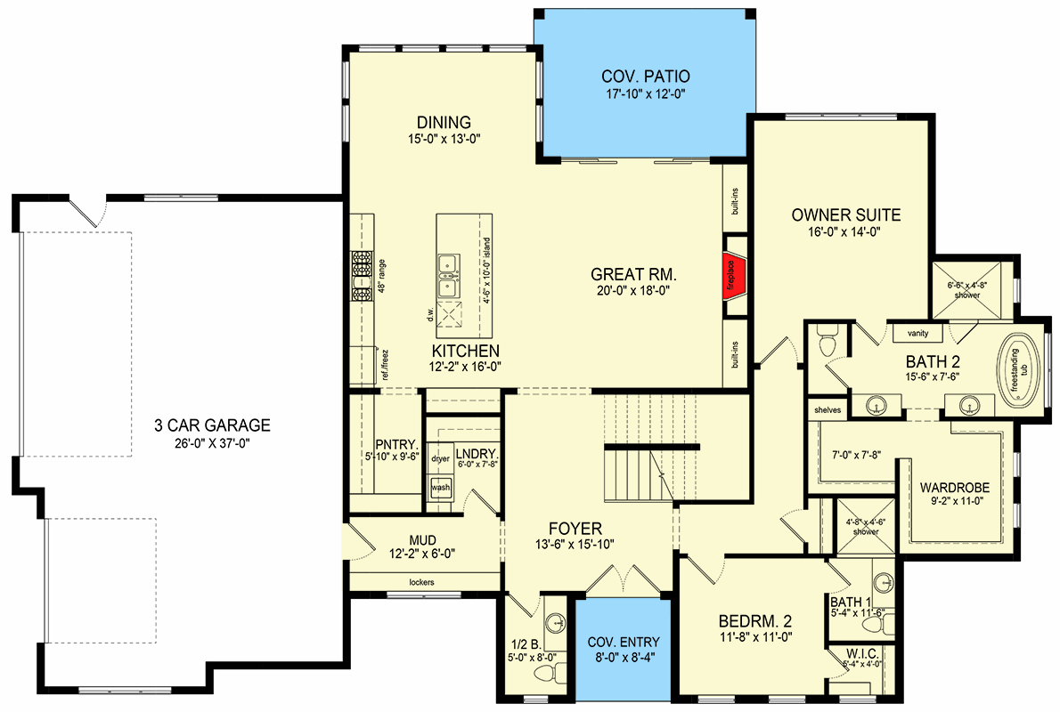 Plan 493005GNT: Transitional Farmhouse Plan with 4 Beds Under 3100 Square Feet - Floor Plan - Main Level - Contemporary, Hill Country, New American, Transitional