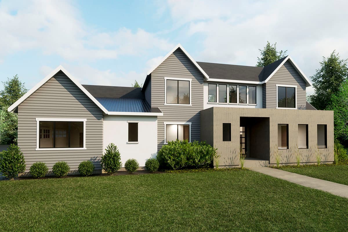 House plan exterior with modern style, two stories, gable rooflines, large windows, and a covered entry. Landscaping includes green lawn and shrubs.