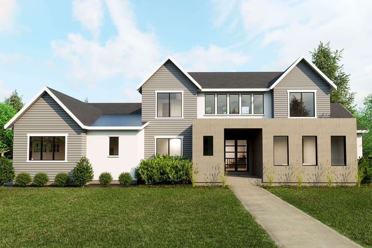 House plan exterior: two-story modern design with gables, mixed siding, and prominent entrance.