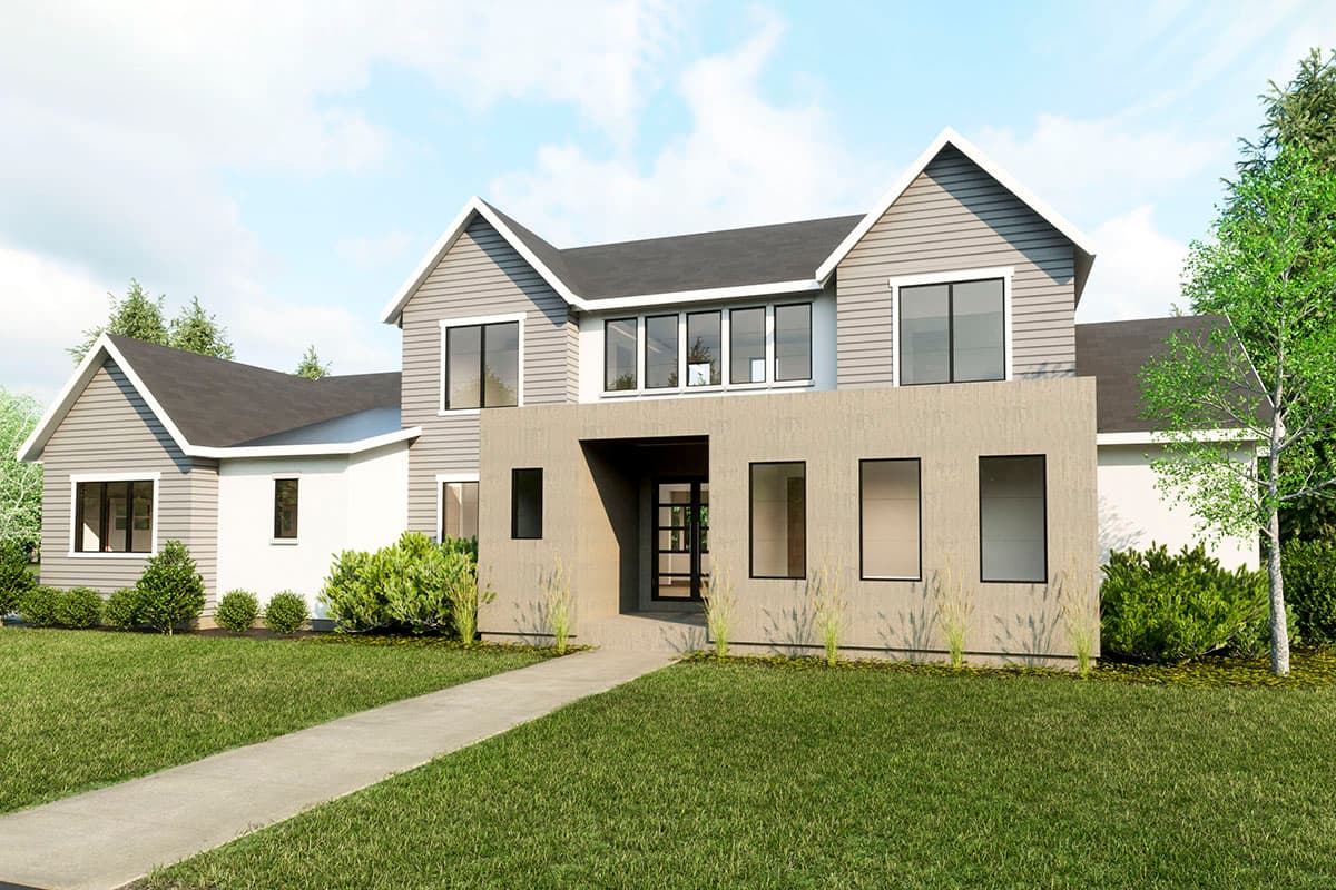 House plan exterior: Two-story modern home with intersecting gables, large windows, and a central covered entry.
