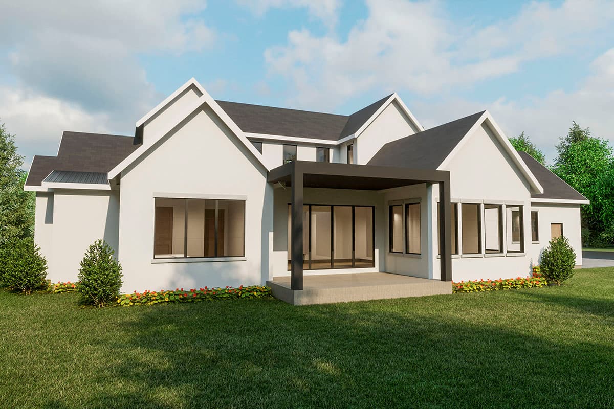 Modern house plan exterior with gabled rooflines, large windows, and a covered patio.