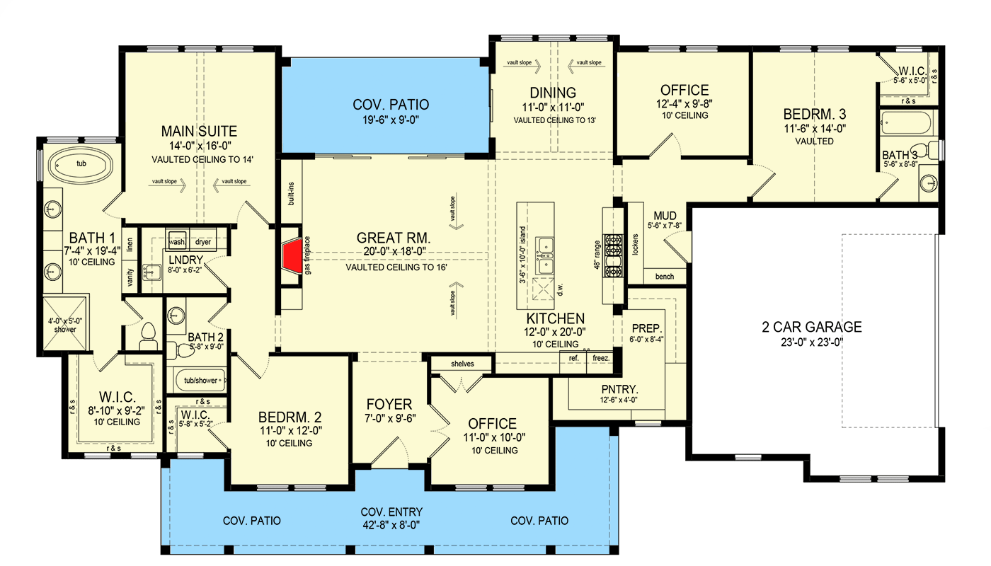 Plan 493002GNT: Modern Farmhouse with Deep Front Porch with Broad Gabled Dormer Above - 2441 Sq Ft - Floor Plan - Main Level - Country, Modern Farmhouse, New American, Southern, Traditional