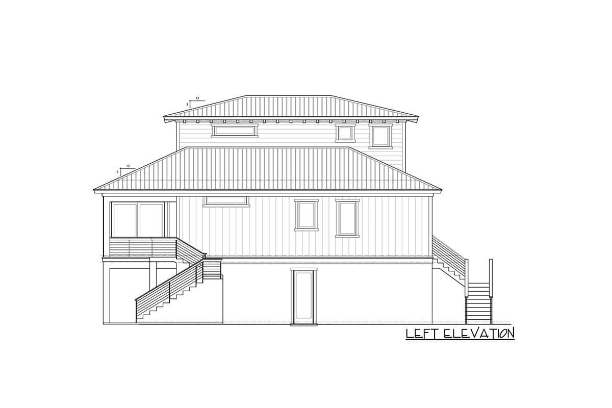 Left elevation drawing of a two-story house plan with a covered porch, gabled roof, and exterior stairs.
