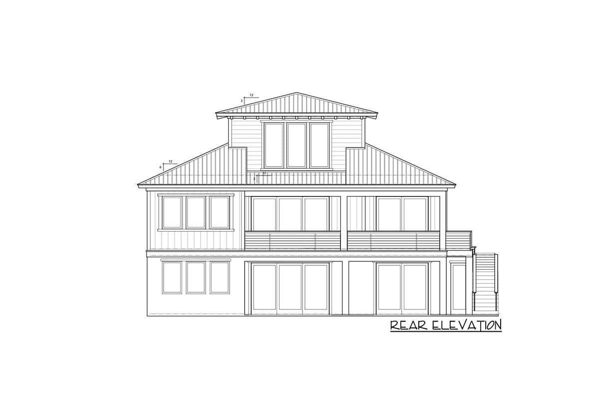 Rear elevation drawing of a multi-story house plan featuring multiple gables, balconies, and large sliding glass doors.