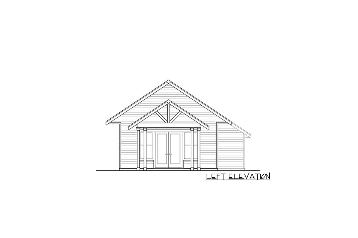 Left elevation house plan drawing showing a covered entrance with double doors, two columns, and decorative gable truss.
