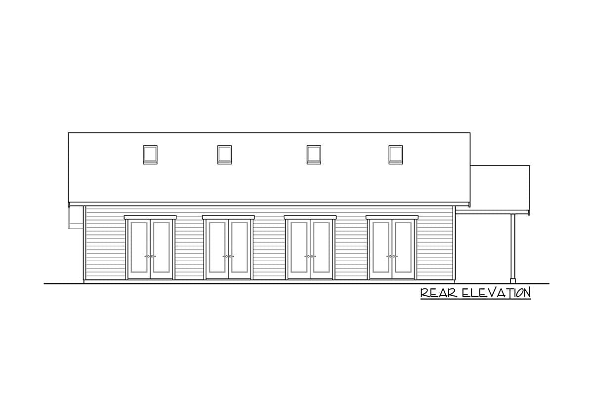 Rear elevation drawing of a single-story house plan with multiple French doors and five dormer windows.