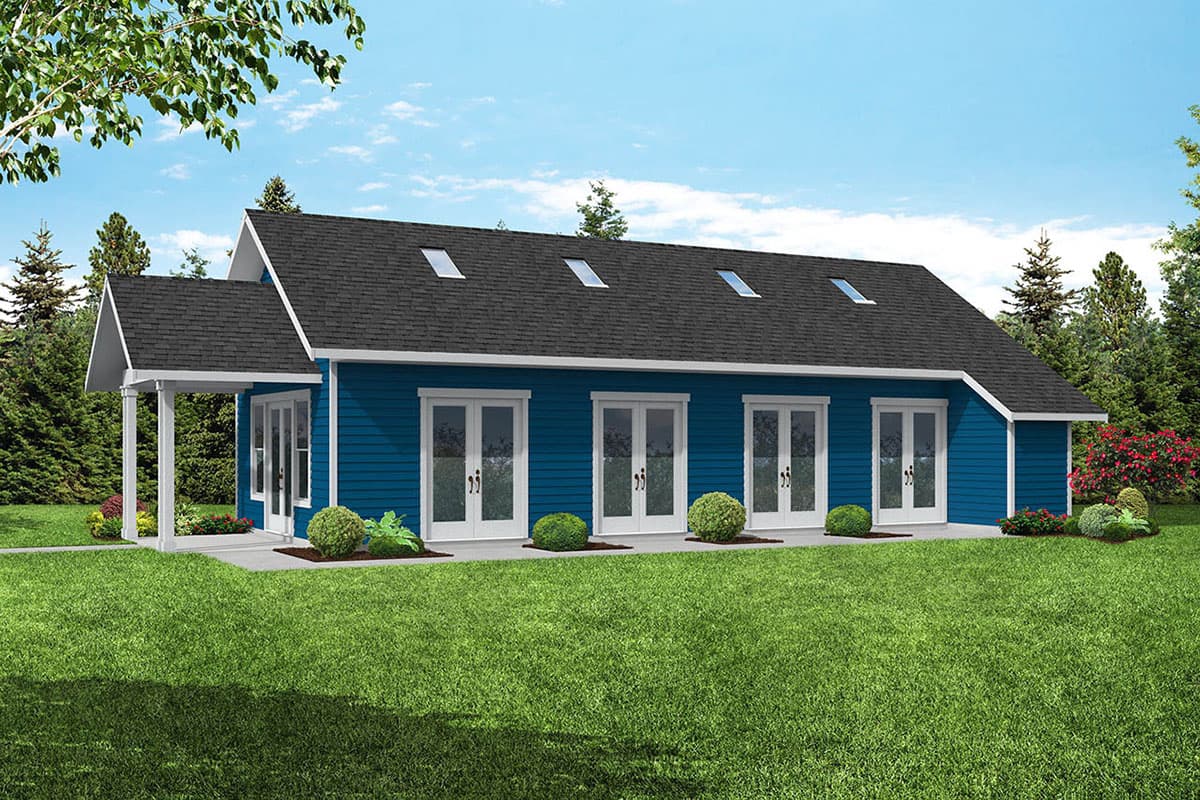 House plan exterior. Single-story design with a gabled roof, a covered porch, and multiple dormer windows. Features include multiple French doors.