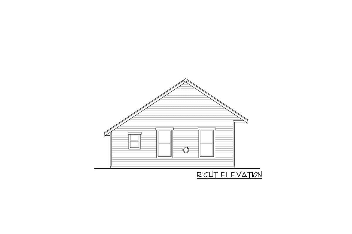 Right elevation drawing of a house plan showing a gabled roof, three windows, and a circular vent.