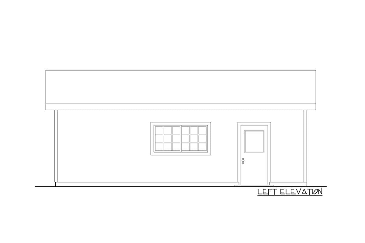 Left elevation drawing of a one-story house plan with one window and one door.