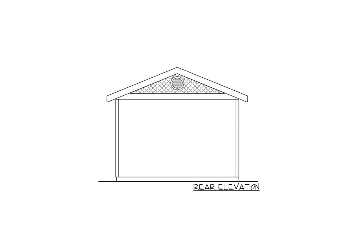 Rear elevation drawing of a house plan with a gable roof, decorative eaves, and a round vent.