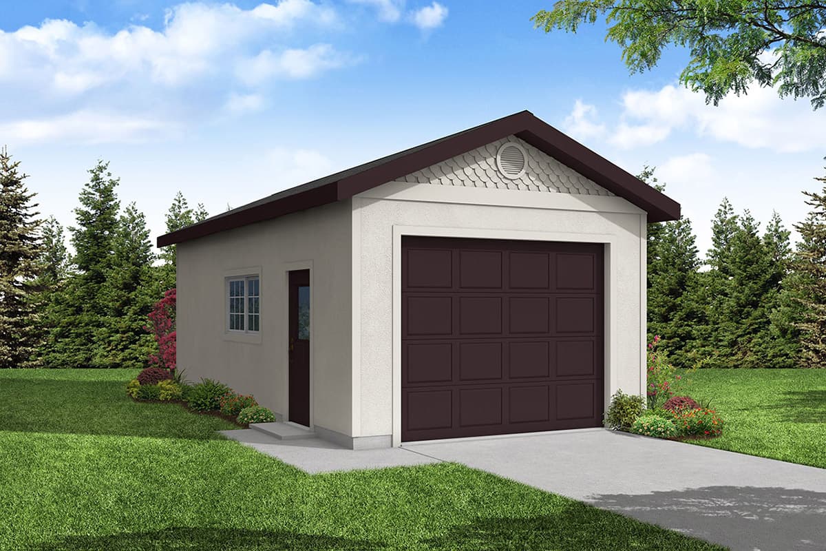 House plan exterior. One-story detached garage with a gable roof, brown garage door, and decorative trim around the gable end and door.