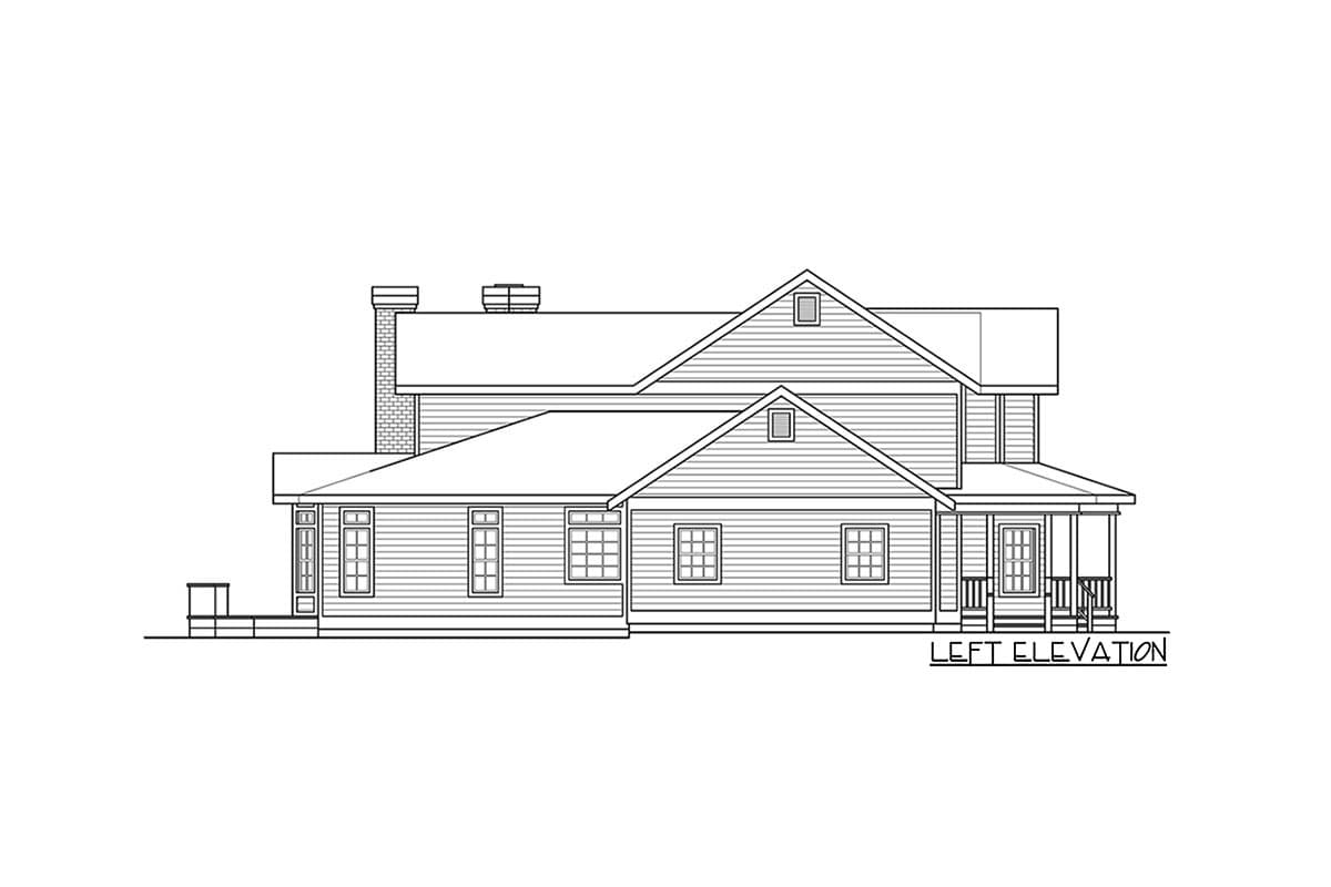 House plan left elevation with two stories, gabled dormers, a chimney, and a front-facing porch with railings.