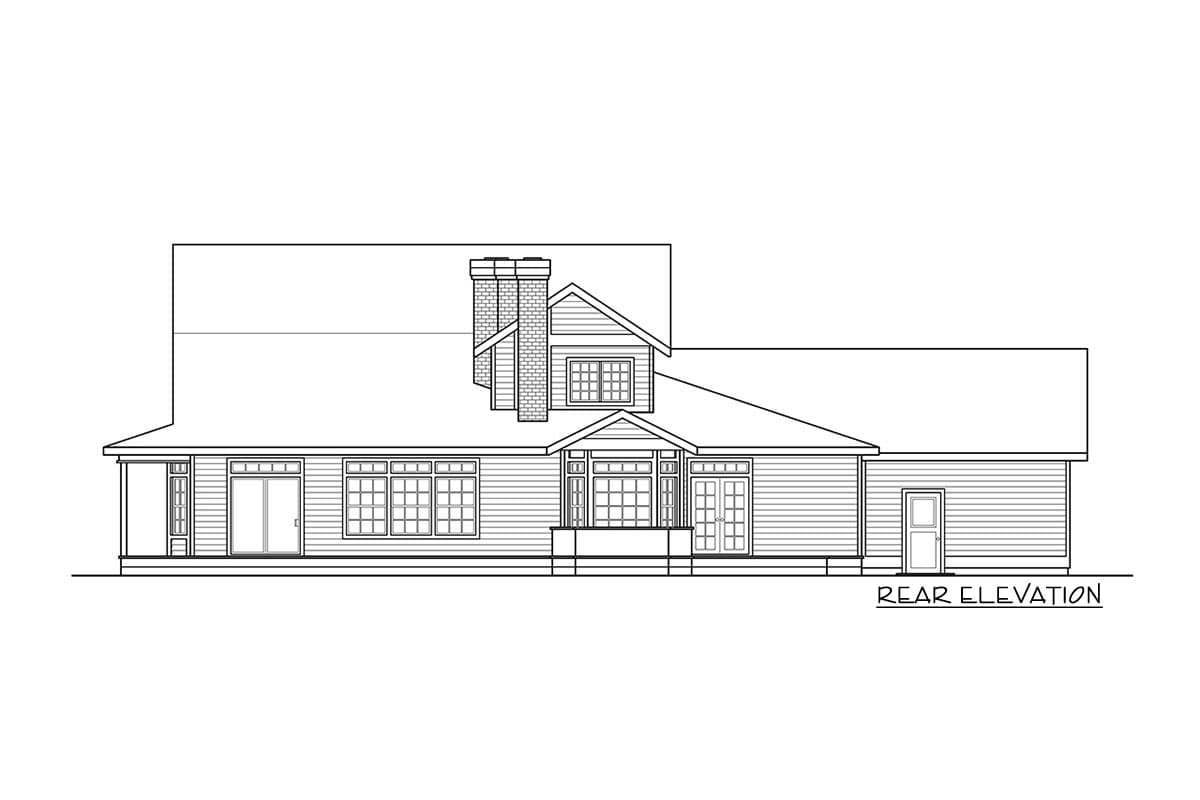 Rear elevation house plan with gabled dormer, prominent chimney, multiple windows, and attached garage.
