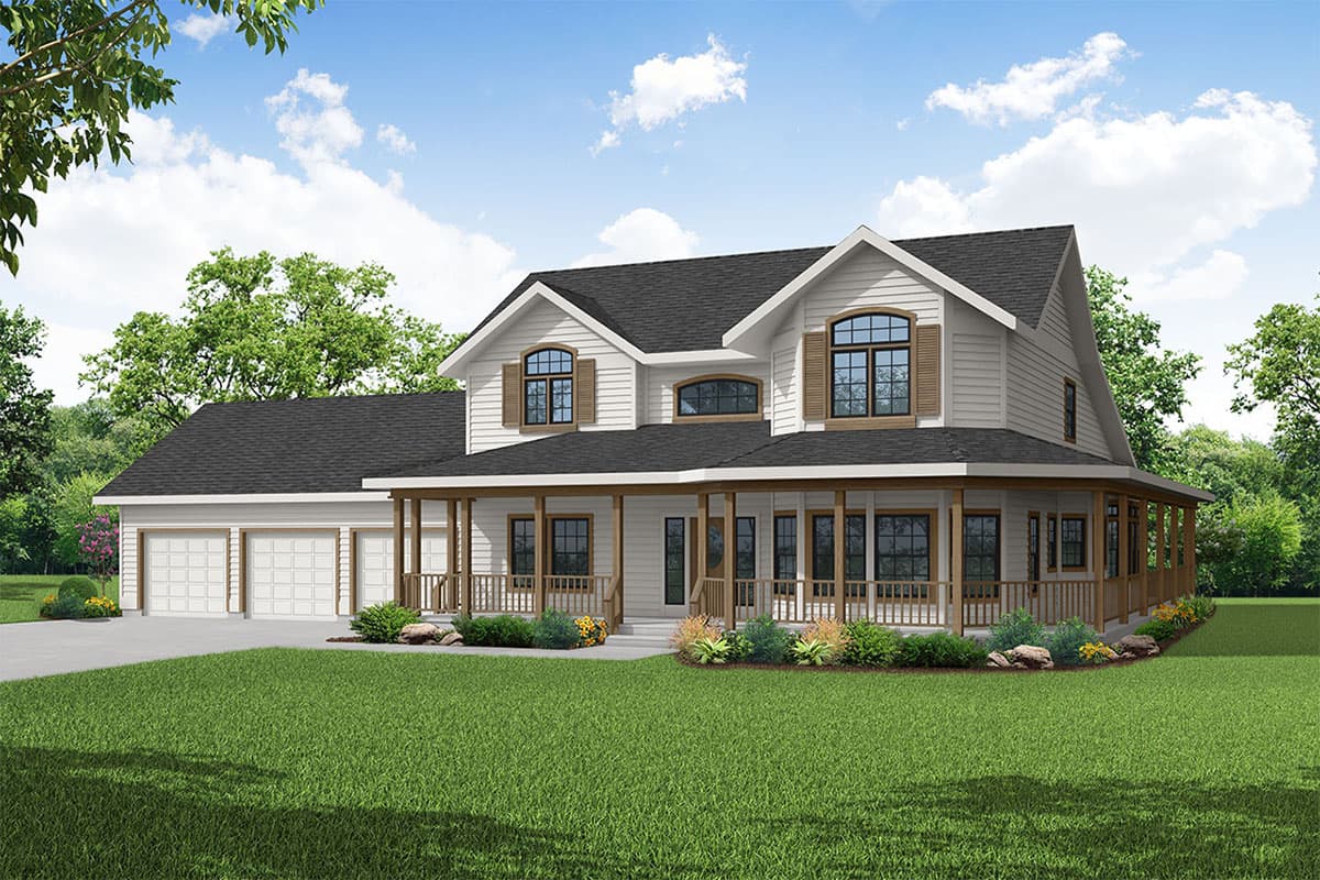 House plan exterior with two stories and a wrap-around porch. Features include gabled rooflines, dormers, and an attached garage with three bays.